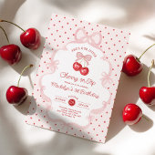 Coquette Pink Cherry On Top Girl 1st Birthday Kaart