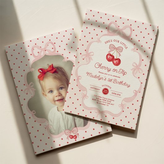 Coquette Pink Cherry On Top Girl 1st Birthday Kaart