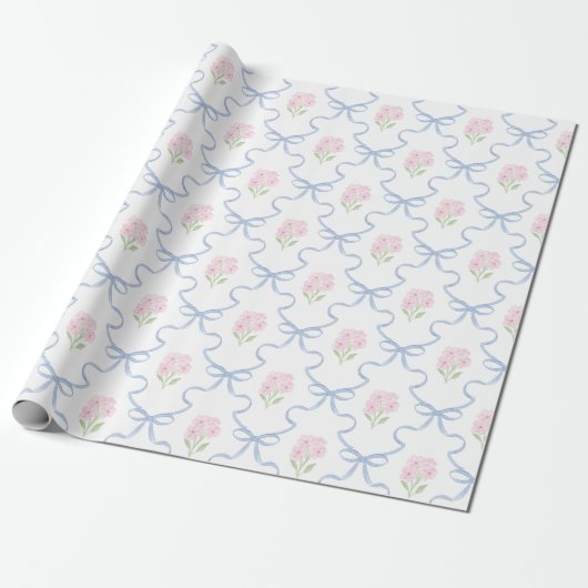 Coquette Pink Forget-Me-Nots Blue Bow Trellis Cadeaupapier (Uitgerold)