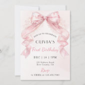 Coquette Pink Lace Bow Girl First Birthday Kaart (Voorkant)