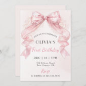 Coquette Pink Lace Bow Girl First Birthday Kaart (Voorkant / Achterkant)