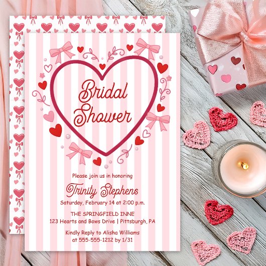 Coquette Pink | Red Hearts and Bows Bridal Shower Kaart