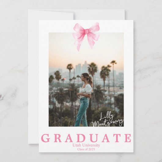 Coquette Pink Ribbon Foto Afstuderen Aankondiging (Voorkant)