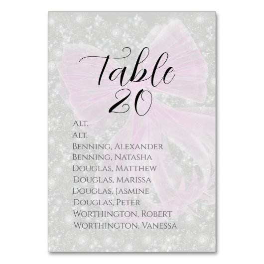 Coquette Pink Sheer bow -Table Assignment Kaart (Voorkant)