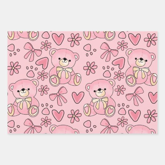 Coquette Pink Teddy Bear Seamless Pattern Inpakpapier Vel (Voorkant 3)