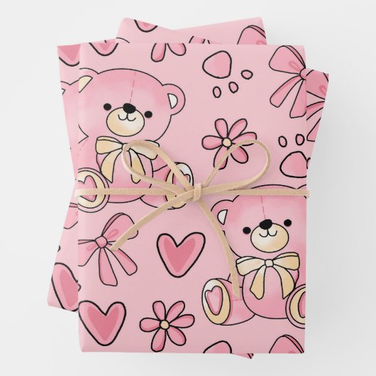 Coquette Pink Teddy Bear Seamless Pattern Inpakpapier Vel (In situ)