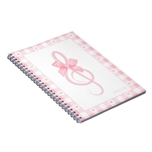Coquette Pink Treble Clef Bow Gingham Patroon Notitieboek (Rechterzijde)