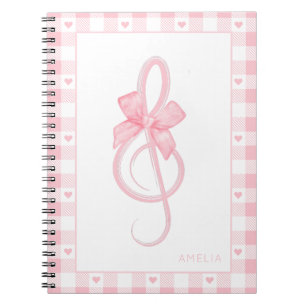 Coquette Pink Treble Clef Bow Gingham Patroon Notitieboek