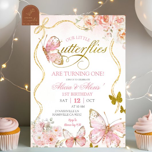 Coquette Pink Twin Butterflies Birthday Kaart