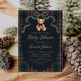 Coquette Plaid Teddy Bear Baby Shower Invitation Kaart