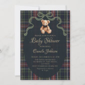 Coquette Plaid Teddy Bear Baby Shower Invitation Kaart (Voorkant)