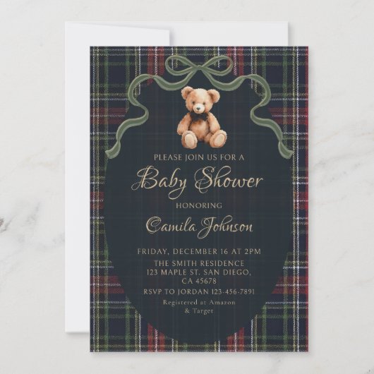 Coquette Plaid Teddy Bear Baby Shower Invitation Kaart (Voorkant)