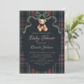 Coquette Plaid Teddy Bear Baby Shower Invitation Kaart (Staand voorkant)