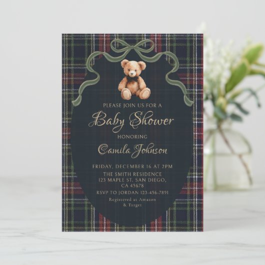Coquette Plaid Teddy Bear Baby Shower Invitation Kaart (Staand voorkant)
