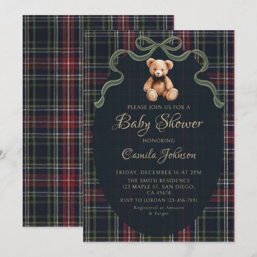 Coquette Plaid Teddy Bear Baby Shower Invitation Kaart (Voorkant / Achterkant)