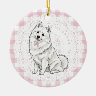 Coquette Pomeranian Hond Roze Gingham Strikjes Keramisch Ornament