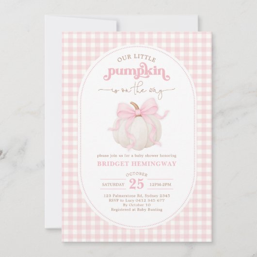 Coquette Pompoen Roze Bow Gingham Meisje Baby show Kaart (Voorkant)