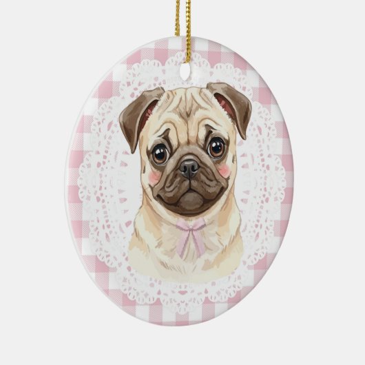 Coquette Pug Dog Pink Gingham Bows Keramisch Ornament (Rechts)
