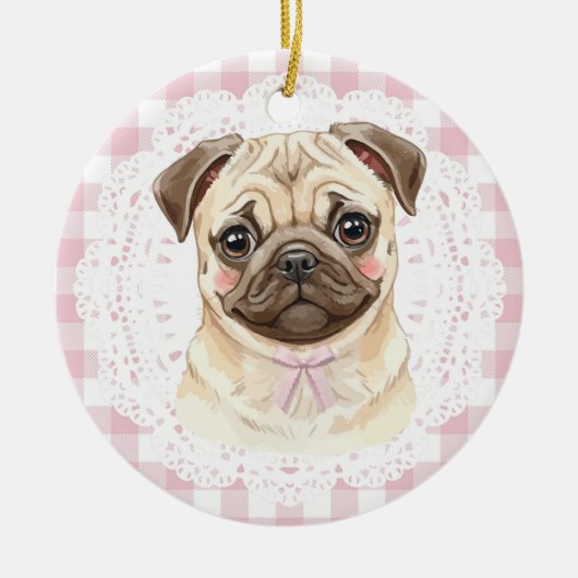 Coquette Pug Dog Pink Gingham Bows Keramisch Ornament (Voorkant)