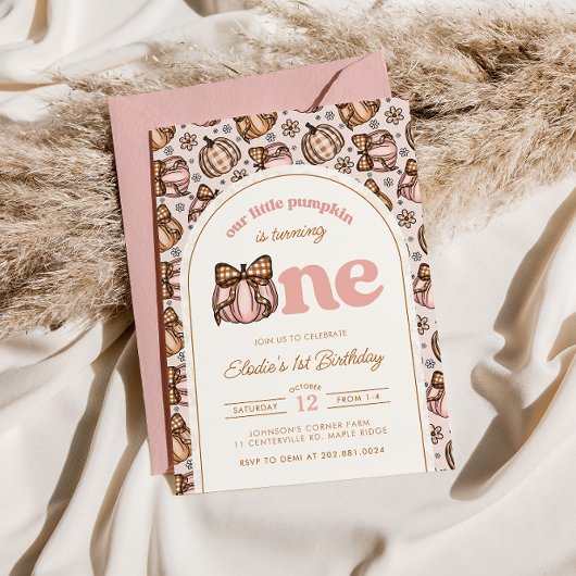 Coquette Pumpkin Gingham Fall Floral 1st Birthday Kaart