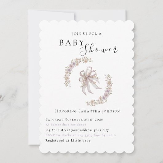 Coquette purple bow baby shower Invitation  Kaart (Voorkant)