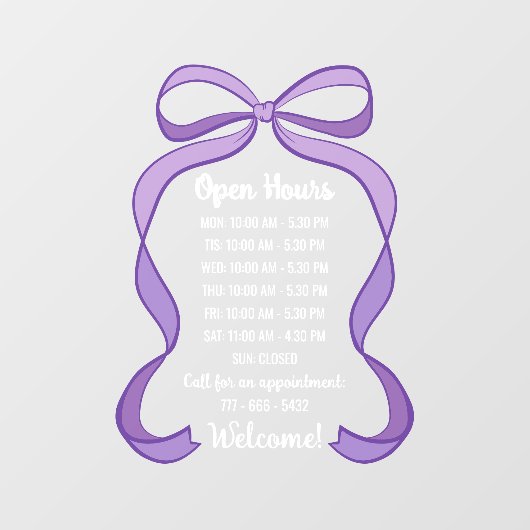 Coquette Purple Bow Small Business Open Hours Raamsticker (Vel)
