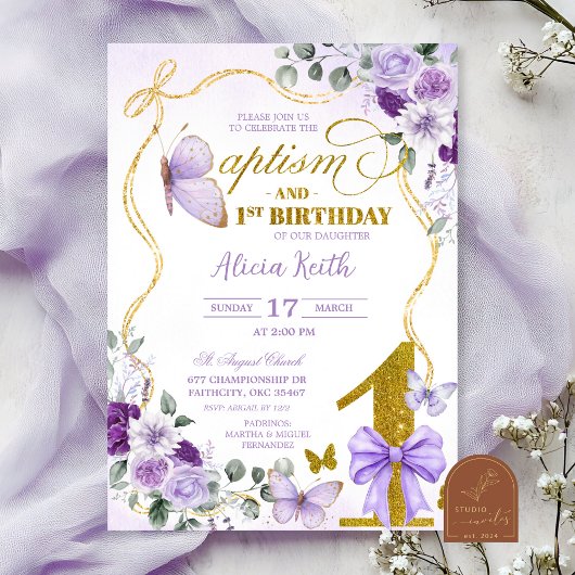Coquette Purple Butterfly baptism and 1st birthday Kaart