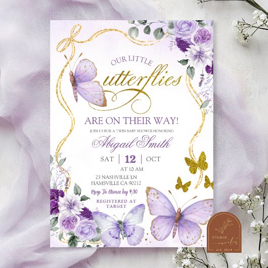 Coquette Purple Butterfly Twins Baby Shower Kaart