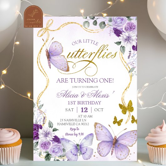Coquette Purple Butterfly Twins Birthday Kaart