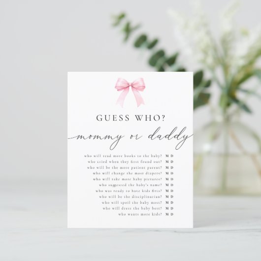 Coquette Raad Wie Mama of Daddy Baby shower Spel (Staand voorkant)