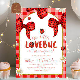 Coquette Red Bow Lovebug First Birthday Invitation Kaart