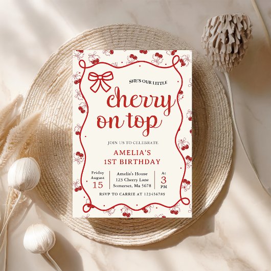 Coquette Red Cherry 1st Verjaardag Party Uitnodigi Kaart
