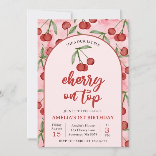 Coquette Red Cherry 1st Verjaardag Party Uitnodigi Kaart (Voorkant)