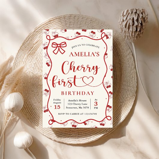 Coquette Red Cherry eerste verjaardag uitnodiging