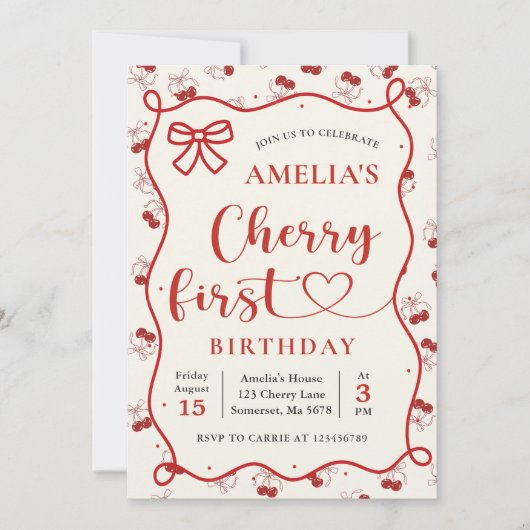 Coquette Red Cherry eerste verjaardag uitnodiging (Voorkant)