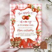 Coquette Red Plaid Bow Apple 1st Birthday Kaart
