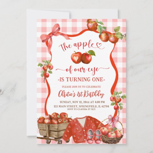Coquette Red Plaid Bow Apple 1st Birthday Kaart (Voorkant)