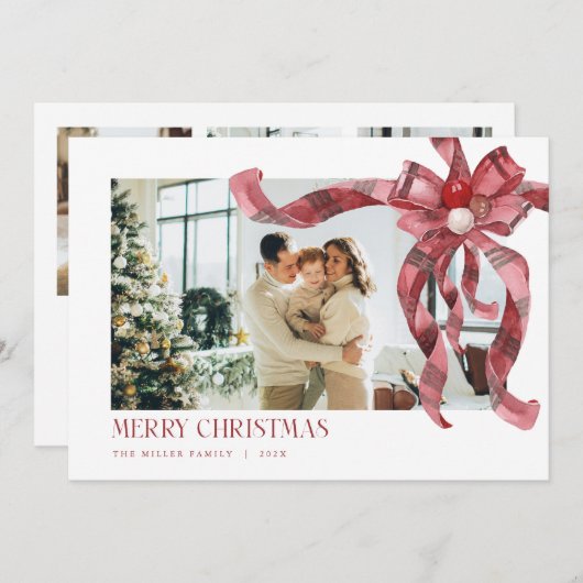 Coquette Red Plaid Gift Bow Foto Kerst Kaart (Voorkant / Achterkant)