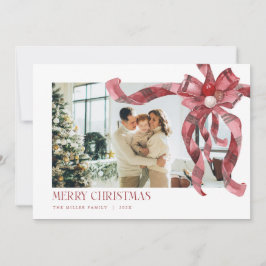 Coquette Red Plaid Gift Bow Foto Kerst Kaart