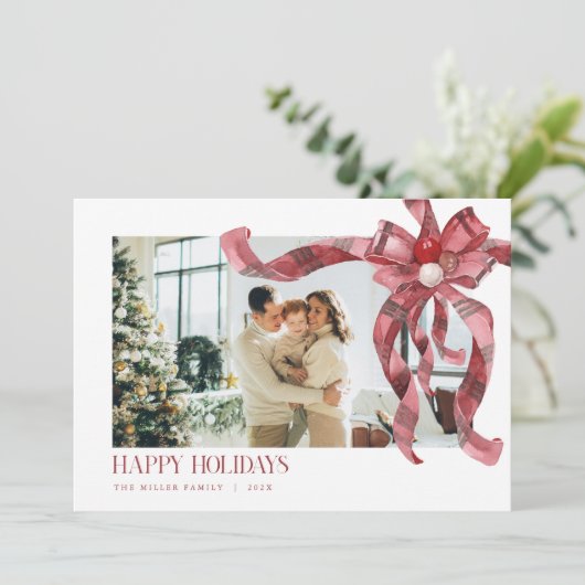 Coquette Red Plaid Gift Bow Foto Kerst Kaart (Staand voorkant)