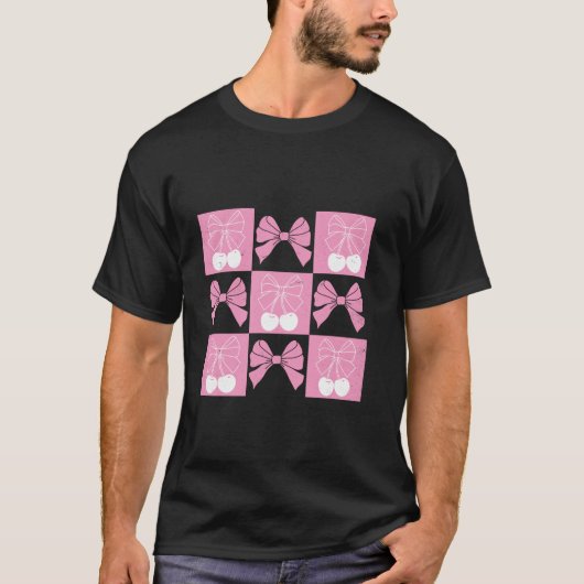 Coquette Ribbon Cherry Coquette Bow Pink Checked A T-shirt (Voorkant)