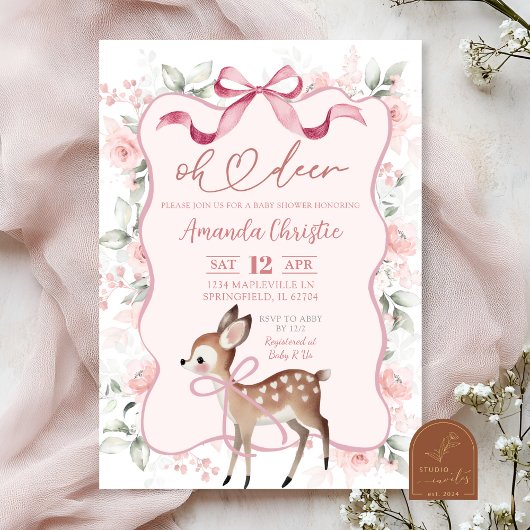 Coquette Ribbon Floral Oh Deer Baby shower Kaart