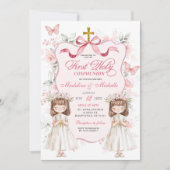 Coquette Ribbon Floral Twins Eerste Heilige Commun Kaart (Voorkant)