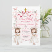 Coquette Ribbon Floral Twins Eerste Heilige Commun Kaart (Staand voorkant)
