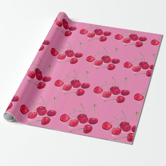 Coquette rode Kersen fruit Voedsel Patroon roze Cadeaupapier (Uitgerold)