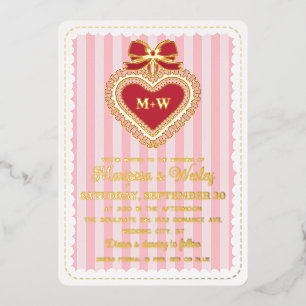 Coquette Rode Roze Gerimpelde Hart Strepen Bruilof Folie Uitnodiging