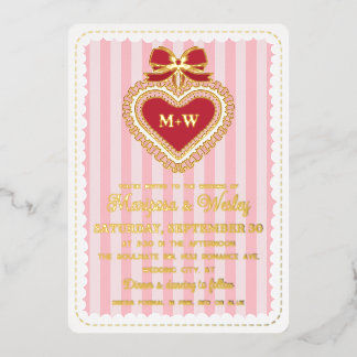 Coquette Rode Roze Gerimpelde Hart Strepen Bruilof Folie Uitnodiging