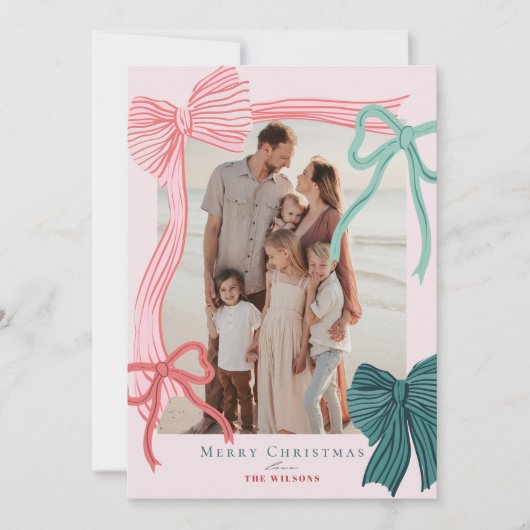 Coquette Rood & Groen Bogen 4 Foto's Roze Kerstmis Feestdagenkaart (Voorkant)