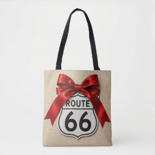 Coquette Route 66 Rode Satijnen Strik Nep Linnen Tote Bag