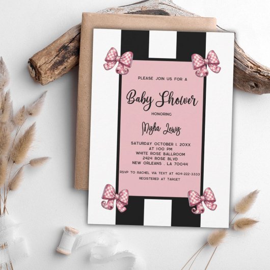 Coquette Roze Bogen Zwarte Streep Baby shower Kaart